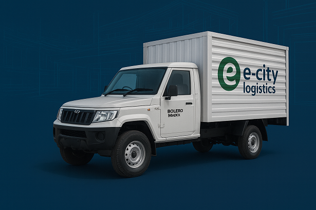 Bolero pickup 2.0 with branded E-City Logistics container rear